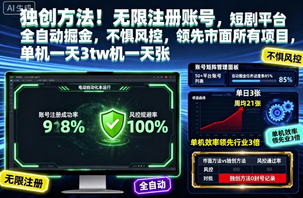 独创方法!无限注册账号,短剧平台全自动掘金,不惧风控,领先市面所有项目,单机一天3张【揭秘】-七七项目网