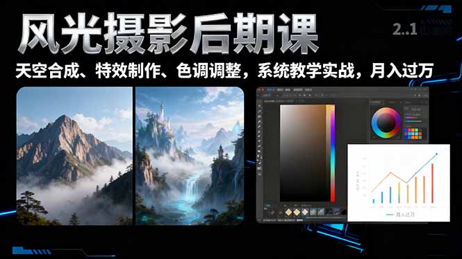 风光摄影后期课,一键换天空合成、特效制作、色调调整,月入过万-七七项目网