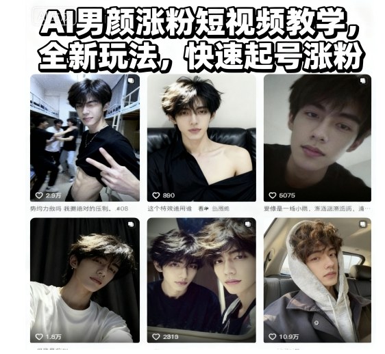 AI男颜涨粉短视频教学,全新玩法,快速起号涨粉-七七项目网