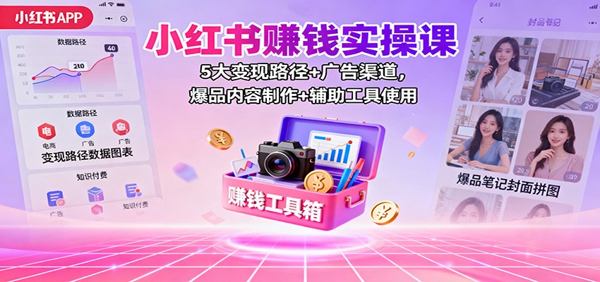 小红书赚钱实操课:5大变现路径+广告渠道,爆品内容制作+辅助工具使用-七七项目网