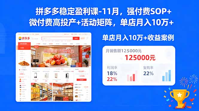 拼多多稳定盈利课-11月,强付费SOP+微付费高投产+活动矩阵,单店月入10万+-七七项目网