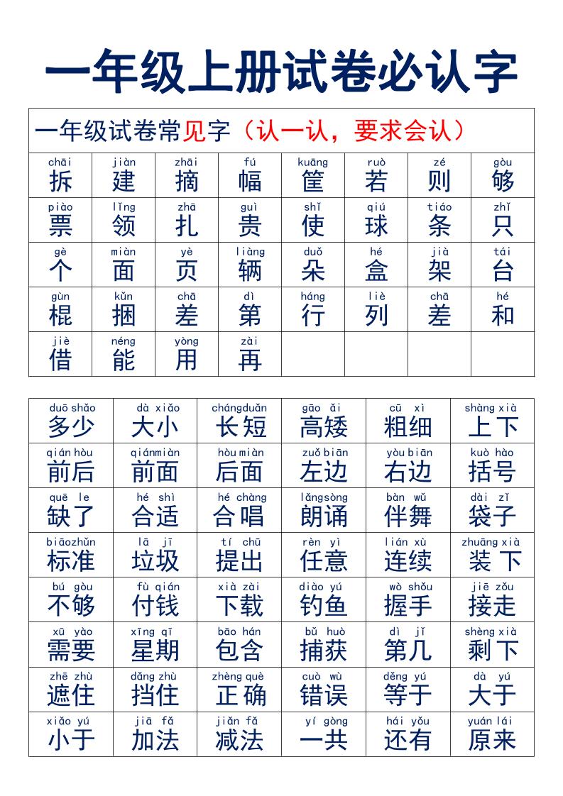 一年级上语文试卷必认字-七七项目网