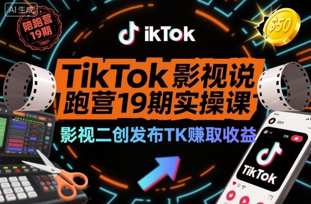 TikTok影视解说陪跑营19期实操课,影视二创发布TK賺取收益,万播收益50美金-七七项目网