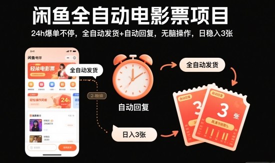 闲鱼全自动电影票项目，24h爆单不停，全自动发货+自动回复，无脑操作，日稳入3张【揭秘】-七七项目网