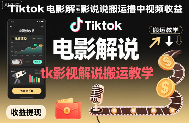 Tiktok电影解说搬运撸中视频收益，tk影视解说搬运教学-七七项目网