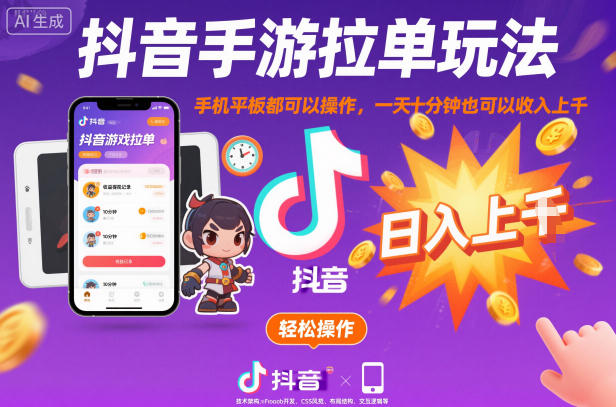 抖音手游拉单玩法,手机平板都可以操作,一天十分钟也可以收入上K【揭秘】-七七项目网