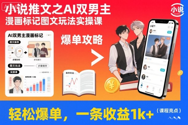 小说推文之AI双男主漫画标记图文玩法实操课，轻松爆单，一条收益1k+-七七项目网