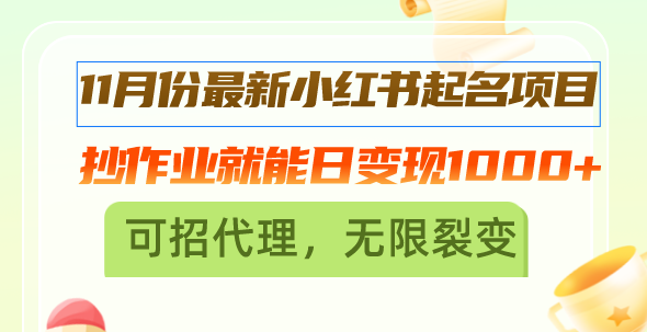 11月份最新小红书起名项目，抄作业就能日变现1000+，可招代理，无限裂变-七七项目网