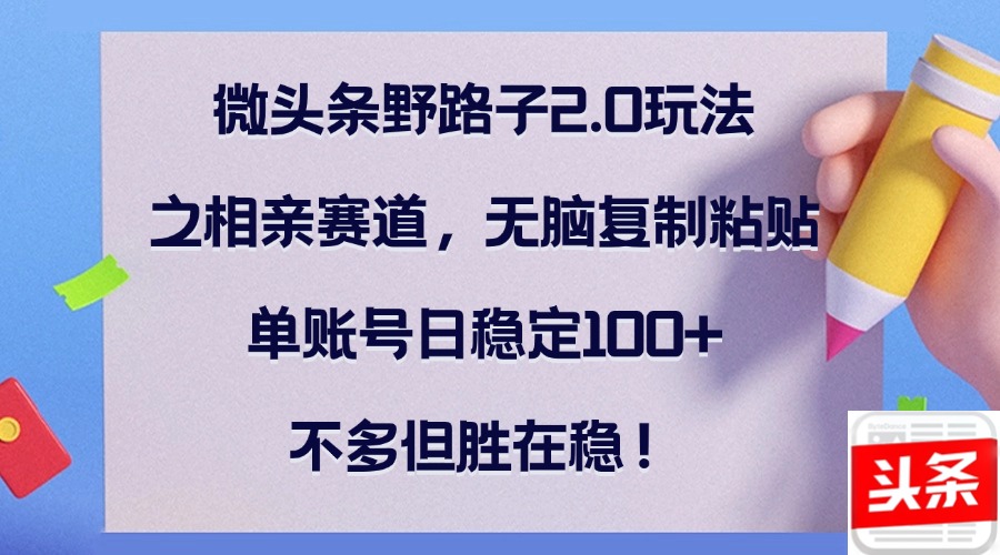 微头条野路子2.0玩法之相亲赛道，无脑复制粘贴，单账号日稳定100+，不…-七七项目网