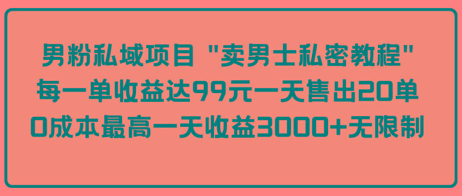 (9730期)男粉私域项目 “卖男士私密教程” 每一单收益达99元一天售出20单-七七项目网